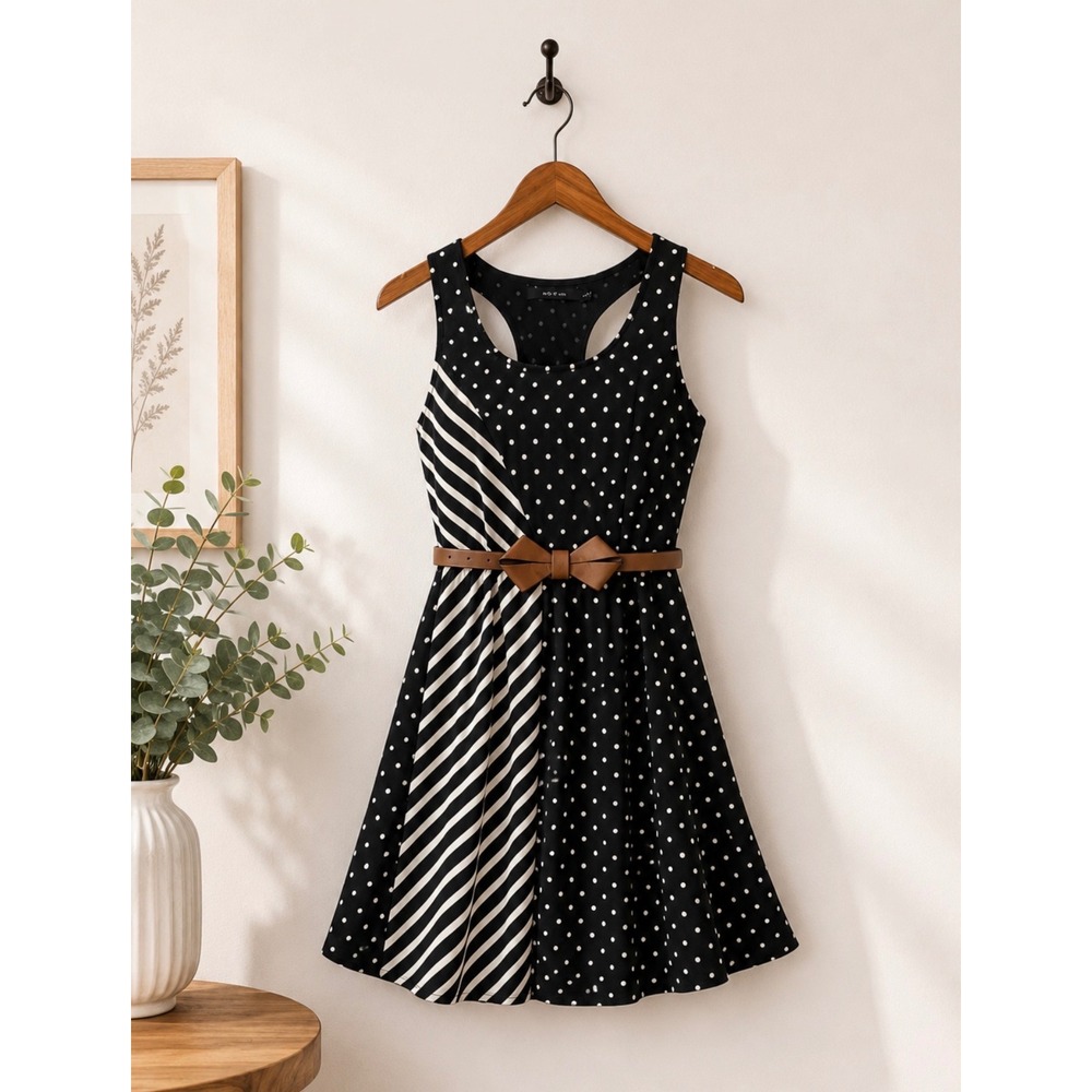 ARK & CO Black White Polka Dot‎ Stripe Racerback Fit & Flare Dress Sz S